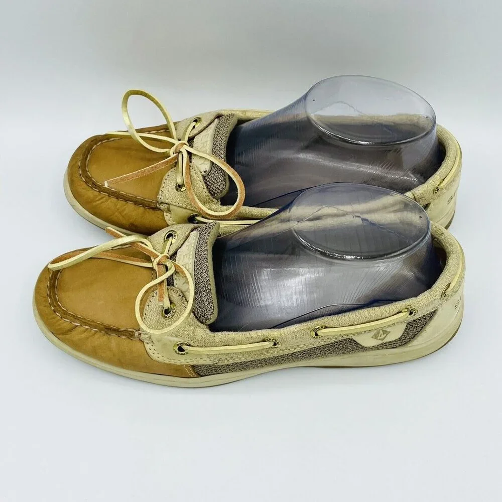 Sperry Top Sider Shoes Womens Size 8 M Tan Boat Shoe Slip On Brown Leather Lace - Picture 6 of 12